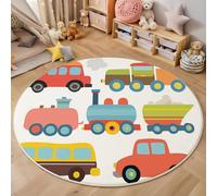 Tapis Rond Éléments Dessin Animé Salon Classic Shaggy Chambre Illustrations Colorées Voitures Et Trains Poils Ras Antidérapant Fluffy pour Rugs (140cm, Blanc)
