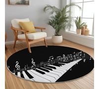Tapis Rond Éléments Musicaux Notes Touches de Piano Imprimé, Lavable en Machine Tapis de Sol Décoration Antidérapant pour Salon Chambre Cuisine Balcon Terrasse Salle à Manger,(140 cm, Noir Blanc)