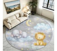 Tapis Rond Éléphant et Lion Enfant, Poils Ras Lavable Antidérapant 150 cm | Animaux de la Nuit sur la Lune Ton Gris, Douceur Sécurisée sans Peluches, Lavable en Machine, Chambre de Bébé et Salon