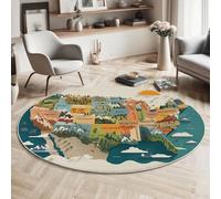 Tapis Rond en Carte des États-Unis Super Doux pour Salon - Style Dessin Animé - Dos antidérapant - Convient aux Enfants et aux Animaux domestiques - Bleu-Vert - 120cm