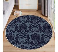 Tapis Rond en Classique européen Super Doux pour Salon - Fleurs de Style Brocart - Dos antidérapant - Convient aux Enfants et aux Animaux domestiques - Bleu foncé - 120cm