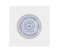 Tapis rond en coton blanc à franges - Aztèque - Motifs bleu - Rond Ø 90 cm