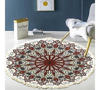 Tapis rond en coton tissé à la main - Motif mandala - Style bohème vintage - Avec pompons - Lavable en machine - Pour chambre à coucher, couloir, salon, table basse - 60 cm - Fleurs #4