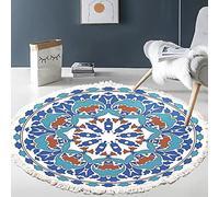 Tapis rond en coton tissé à la main - Motif mandala - Style bohème vintage - Avec pompons - Lavable en machine - Pour chambre à coucher, couloir, salon, table basse - 60 cm - Fleurs #18