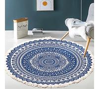 Tapis rond en coton tissé à la main - Motif mandala - Style bohème vintage - Avec pompons - Lavable en machine - Pour chambre à coucher, couloir, salon, table basse - 90 cm - Fleurs #20