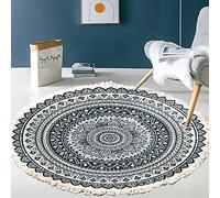 Tapis rond en coton tissé à la main - Motif mandala - Style bohème vintage - Avec pompons - Lavable en machine - Pour chambre à coucher, couloir, salon, table basse - 100 cm - Fleurs #1