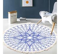 Tapis rond en coton tissé à la main - Motif mandala - Style bohème vintage - Avec pompons - Lavable en machine - Pour chambre à coucher, couloir, salon, table basse - 60 cm - Fleurs #10
