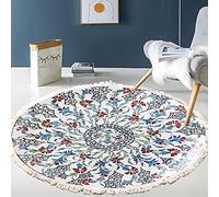 Tapis rond en coton tissé à la main - Motif mandala - Style bohème vintage - Avec pompons - Lavable en machine - Pour chambre à coucher, couloir, salon, table basse - 60 cm - Fleurs #14
