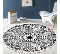 Tapis rond en coton tissé à la main - Motif mandala - Style bohème vintage - Avec pompons - Lavable en machine - Pour chambre à coucher, couloir, salon, table basse - 60 cm - Fleurs #17