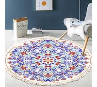 Tapis rond en coton tissé à la main - Motif mandala - Style bohème vintage - Avec pompons - Lavable en machine - Pour chambre à coucher, couloir, salon, table basse - 60 cm - Fleurs #7