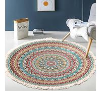 Tapis rond en coton tissé à la main - Motif mandala - Style bohème vintage - Avec pompons - Lavable en machine - Pour chambre à coucher, couloir, salon, table basse - 100 cm - Fleurs #12