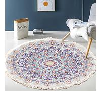 Tapis rond en coton tissé à la main - Motif mandala - Style bohème vintage - Avec pompons - Lavable en machine - Pour chambre à coucher, couloir, salon, table basse - 90 cm - Fleurs #5