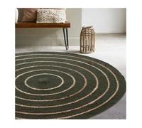 Tapis rond en coton tressé, effet jute rayé, kaki, 120 cm - Atout Ciel 69019