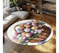 Tapis Rond en Dessins animés Lavable 80cm（Rond） Tapis colorés et fantaisistes Motif de Panier en Osier de Pâques œufs Rugs à Poils Bas pour nurserie Salle à Manger Rugs intérieur
