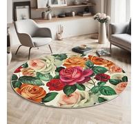 Tapis Rond en Doux, Tapis Aquarelle Rose Antidérapant Anti-Fatigue Lavable, Style Réaliste, Poils Courts Moquette pour Chambre à Coucher Salon Cuisine, 120cm, Orange Vert
