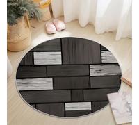 Tapis Rond en Flanelle Doux et Moelleux 100 cm, Abstrait Rectangle Bois Lignes Motif imprimé, Noir Blanc grisâtre Tapis Rond Antidérapant pour Salon Chambre Salle de Jeux Décoration Moderne