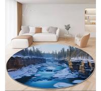 Tapis Rond en Flanelle Doux et Moelleux 140 cm, Nature Rivière Rochers Pins Motif imprimé, Coloré Tapis Rond Antidérapant pour Salon Chambre Salle de Jeux Décoration Moderne