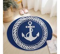 Tapis Rond en Flanelle Doux et Moelleux 180 cm, Éléments Nautiques Crochet Cercle Texture Motif imprimé, Bleu Marine Blanc Tapis Rond Antidérapant pour Salon Chambre Salle de Jeux Décoration Moderne