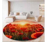 Tapis Rond en Flanelle Doux et Moelleux 180 cm, Nature Champ de Coquelicots Coucher de Soleil Motif imprimé, Coloré Tapis Rond Antidérapant pour Salon Chambre Salle de Jeux Décoration Moderne