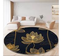 Tapis Rond en Flanelle Doux et Moelleux 180 cm, Oriental Lotus Lignes Motif imprimé, Or Bleu foncé Tapis Rond Antidérapant pour Salon Chambre Salle de Jeux Décoration Moderne