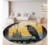 Tapis Rond en Flanelle Doux et Moelleux Gothique Sombre Corbeau Architecture, Coloré Motif imprimé, 120 cm Tapis Rond Antidérapant pour Salon Chambre Salle de Jeux Décoration Moderne