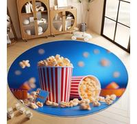 Tapis Rond en Flanelle Salon 150 cm, Tapis Bleu Rond Lavable en Machine - Paillasson Antidérapant 3D Cinématique Pop-Corn Imprimé Décoration pour Chambre