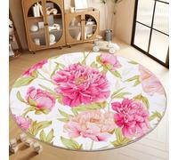 Tapis Rond en Flanelle Salon 60 cm, Tapis Rose Rond Lavable en Machine - Paillasson Antidérapant Minimalisme Floral Pivoine Rose Imprimé Décoration pour Chambre