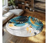 Tapis Rond en marbre pour Salon Design Bleu doré Rug Circulaire de Luxe Moderne Art Abstrait Tapis à Poil Bas Lavable pour la décoration de la Chambre 150cm