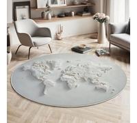 Tapis Rond en Relief De La Carte du Monde Super Doux pour Salon - Cubisme Minimaliste - Dos antidérapant - Convient aux Enfants et aux Animaux domestiques - Blanc - 80cm