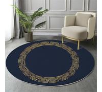 Tapis Rond en Style européen Classique Super Doux pour Salon - Bordure à Motif Grec - Dos antidérapant - Convient aux Enfants et aux Animaux domestiques - Bleu Marine - 60cm