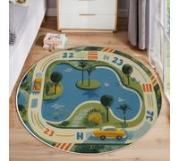 Tapis Rond en Voitures De Track Lake Super Doux pour Salon - Illustrations pour Enfants - Dos antidérapant - Convient aux Enfants et aux Animaux domestiques - Bleu-Vert - 160cm