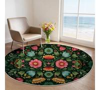 Tapis Rond Enfant 100 cm, Art Populaire Fleurs Plantes Poils Courts Doux, Lavable en Machine & Antidérapant, Coloré Petite Moquette Confortable pour Chambre de Bébé et Coin Lecture