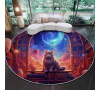 Tapis Rond Enfant 100 cm, Fantaisie Chat Bibliothèque Ciel étoilé Poils Courts Doux, Lavable en Machine & Antidérapant, Bleu Petite Moquette Confortable pour Chambre de Bébé et Coin Lecture