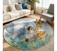 Tapis Rond Enfant 120 cm Motif Jungle Animaux, Éléphant Léopard Safari | Tapis de Jeu Lavable en Machine Antidérapant, Poils Ras Doux et Rassurant, Déco Nursery, Chambre Bébé et Coin Éveil
