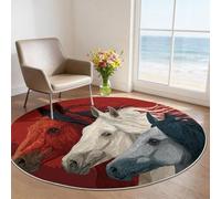 Tapis Rond Enfant 60 cm, Portrait de Cheval dessiné à la Main Poils Courts Doux, Lavable en Machine & Antidérapant, Rouge Petite Moquette Confortable pour Chambre de Bébé et Coin Lecture