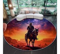 Tapis Rond Enfant 60 cm, Style Western Cowboys Cheval Ciel étoilé du désert Poils Courts Doux, Lavable & Antidérapant, Brun Orange Petite Moquette Confortable pour Chambre de Bébé et Coin Lecture