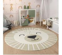 Paco Home Tapis Rond Chambre Enfant Bebe Fille Garcon Tête De Lion Tête d'ours Lavable en Machine Moderne, Dimension:100 cm Rond, Couleur:Beige