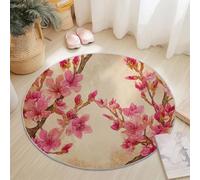 Tapis Rond Est Style 90cm, Antidérapant Lavable en Machine Carpette Dessin Animé Aquarelle Botanique Floral Tapis Salon Rond Imprimé pour Salle À Manger Chambre D’Enfant Nurserie Rose