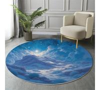 Tapis Rond Fantastique Dessin Animé Lavable Machine, Bleu Tapis Imprimé Ciel Étoilé Nuages Montagnes Enneigées Antidérapant Absorbant, pour Salon Chambre Salle à Manger Nursery Salle de Jeux, 100cm