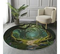 Tapis Rond Fantastique Mystère Salon, Forêt Chemin Imprimé Vert Tapis de Sol Décoration Antidérapant pour Salon Chambre Cuisine Balcon Terrasse Salle à Manger Intérieur 150cm