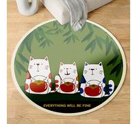 Tapis Rond Feuille Vert Chat Tapis Exterieur Rond pour Jardin Terrasse Intérieur Salon Chambre Antidérapant Court en Peluche Doux Lavable en Machine 100 cm