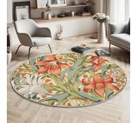 Tapis Rond Feuilles De Lys 100 cm, Tapis à Poils Courts Art Nouveau Lavable en Machine Antidérapant Décoratif Rond pour Salon Chambre Salle à Manger, Corail