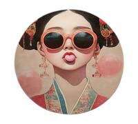 Tapis Rond Fille Asiatique Moderne Pop Art Lavable Tapis Portrait Chinois Bubble Gum esthétique Ancienne créative Poil Ras carpette Chambre Tendance 120x120cm