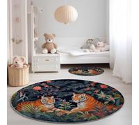 Tapis Rond Flanelle, Dessin Animé Peinture À L'Huile Illustration De Tigre imprimé antidérapant Pliable à Poils Ras, décoration de la Maison, 60 cm Balcon Jardin Salon et Salle à Manger Vert Foncé