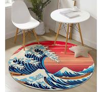 Tapis Rond Flanelle, Dessin Représentant Vague Océanique Naturelle imprimé antidérapant Pliable à Poils Ras, décoration de la Maison, 90 cm Balcon Jardin Salon et Salle à Manger Rouge