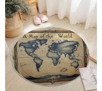 Tapis Rond Flanelle Diamètre 160 cm, Vintage Bordure Carte du Monde imprimé, antidérapant Pliable à Poils Ras décoration de la Maison, Jaune foncé Tapis Rond Doux Lavable