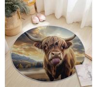 Tapis Rond Flanelle Diamètre 180 cm, Mignon Animal Vache Champ imprimé, antidérapant Pliable à Poils Ras décoration de la Maison, Jaune Tapis Rond Doux Lavable