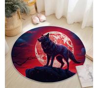 Tapis Rond Flanelle, Fantastique Loup Noir Lune imprimé antidérapant Pliable à Poils Ras, décoration de la Maison, 180 cm Balcon Jardin Salon et Salle à Manger Rouge