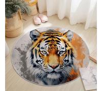 Tapis Rond Flanelle, Illustration d'art Numérique Tigre À L'Aquarelle imprimé antidérapant Pliable à Poils Ras, décoration de la Maison, 160 cm Balcon Jardin Salon et Salle à Manger Jaune Orangé