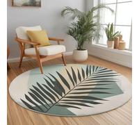 Tapis Rond Flanelle, Ligne Abstraite de Feuille de Palmier imprimé antidérapant Pliable à Poils Ras, décoration de la Maison, 160 cm Balcon Jardin Salon et Salle à Manger Beige Gris